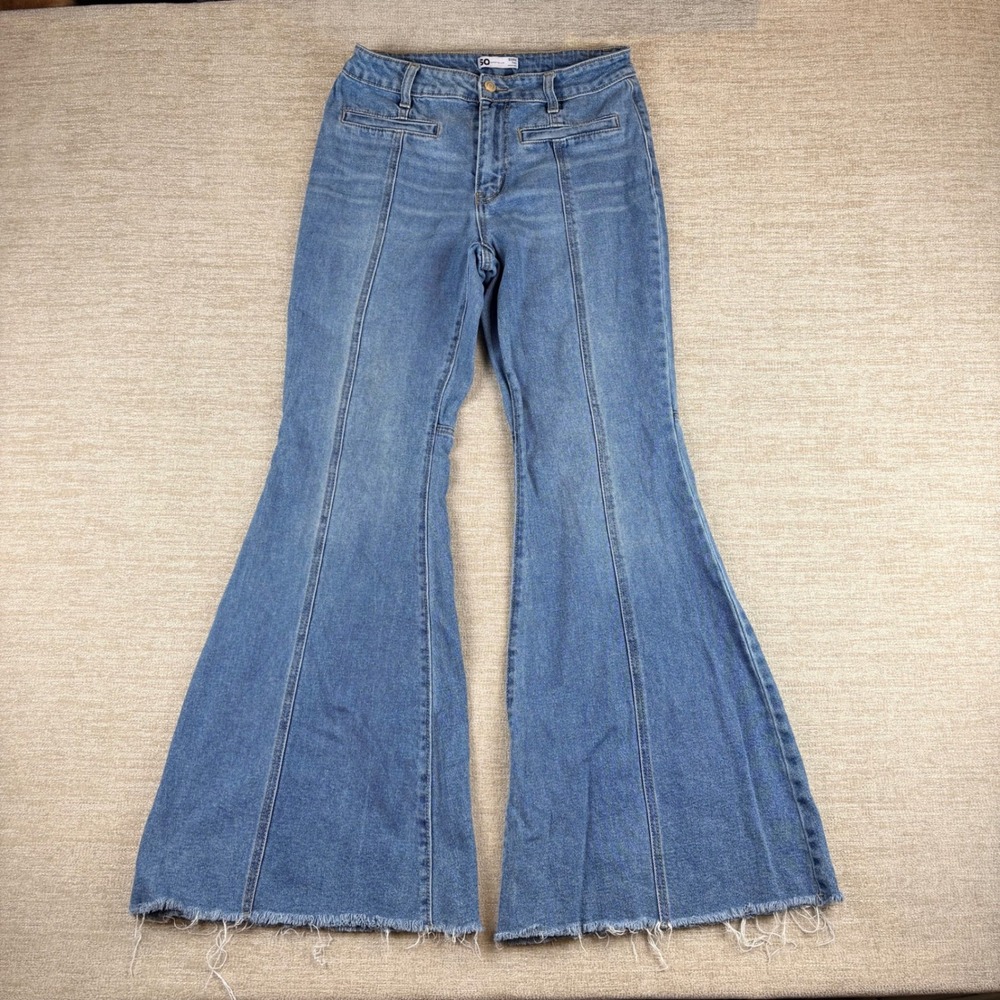 SO High Rise Flare Jeans Frayed Hem Leg Seams Juniors 9/29W EUC Boho 70s indie